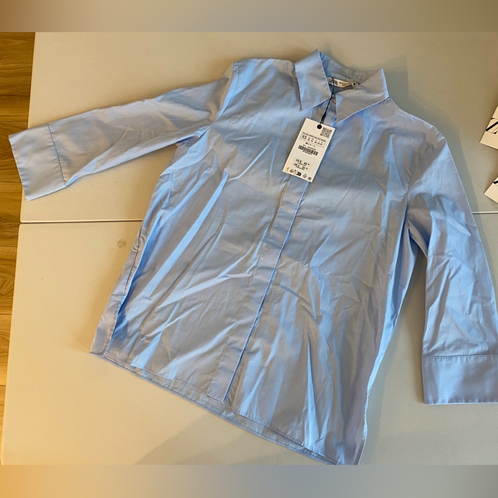 Zara Slim Fit Poplin Cotton Shirt Light Blue below-the-elbow sleeves ZW XS NWT - Picture 14 of 16